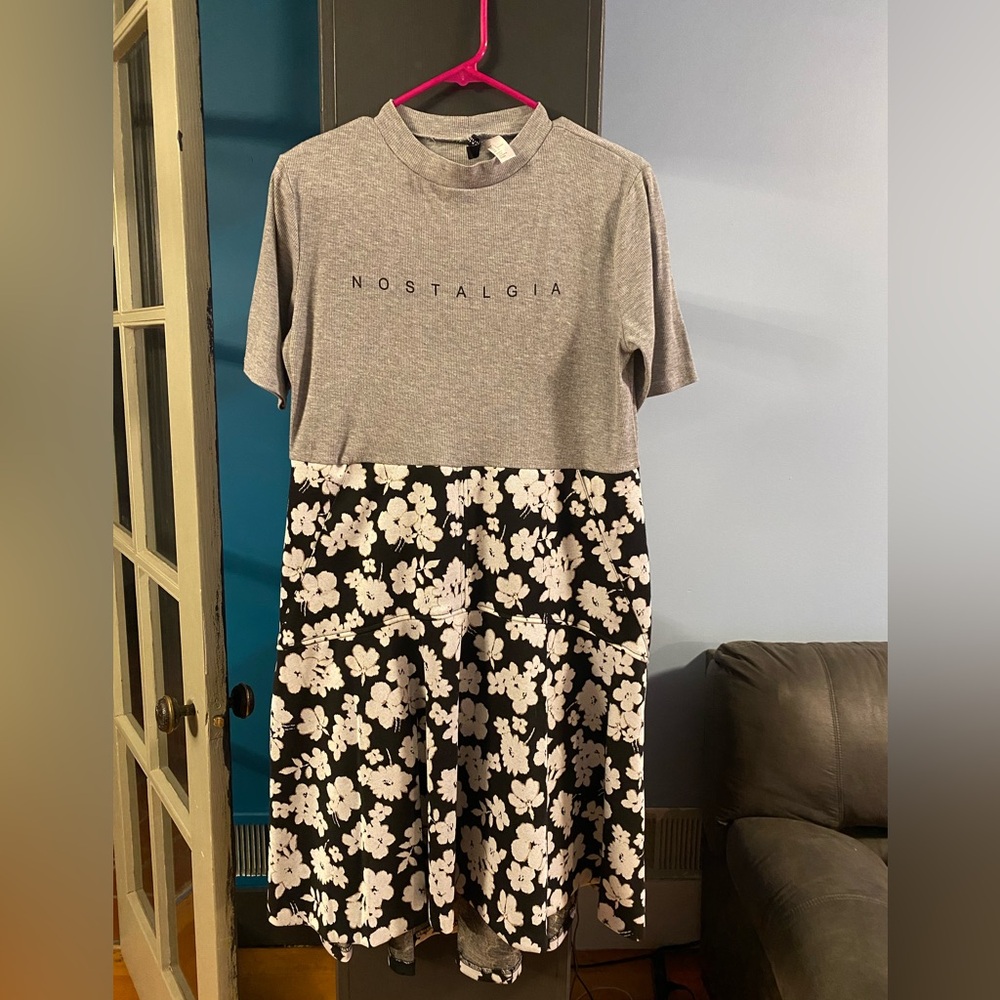 OOAK Upcycled Nostalgia Grey ribbed Top Black Floral Skirt Dress